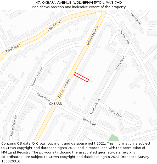 47, OXBARN AVENUE, WOLVERHAMPTON, WV3 7HD: Location map and indicative extent of plot