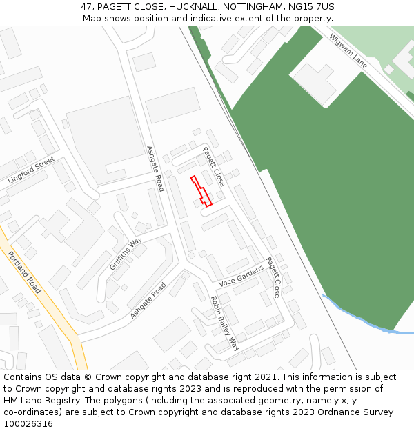 47, PAGETT CLOSE, HUCKNALL, NOTTINGHAM, NG15 7US: Location map and indicative extent of plot