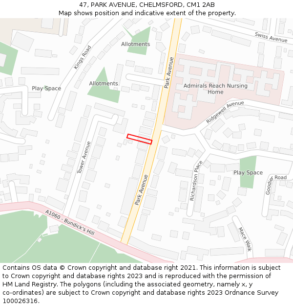 47, PARK AVENUE, CHELMSFORD, CM1 2AB: Location map and indicative extent of plot