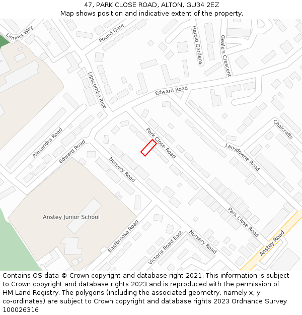 47, PARK CLOSE ROAD, ALTON, GU34 2EZ: Location map and indicative extent of plot