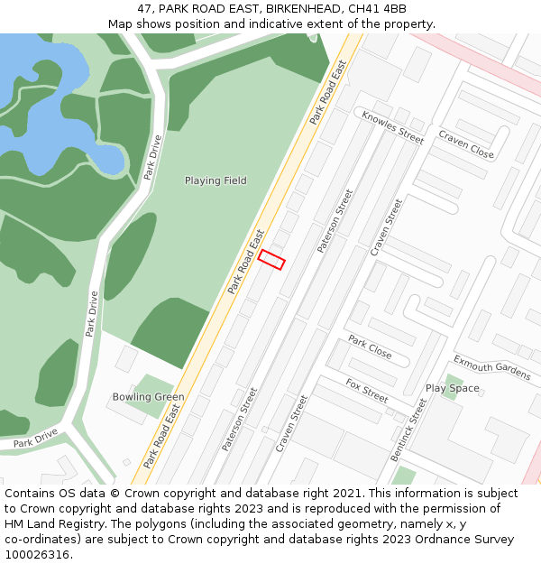 47, PARK ROAD EAST, BIRKENHEAD, CH41 4BB: Location map and indicative extent of plot