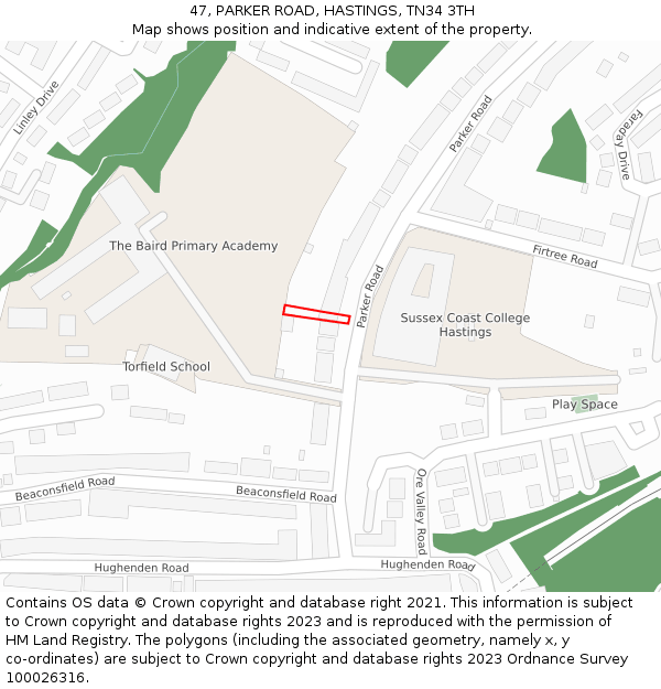 47, PARKER ROAD, HASTINGS, TN34 3TH: Location map and indicative extent of plot