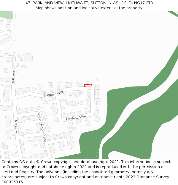 47, PARKLAND VIEW, HUTHWAITE, SUTTON-IN-ASHFIELD, NG17 2TR: Location map and indicative extent of plot