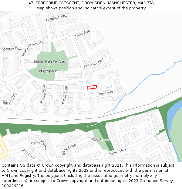 47, PEREGRINE CRESCENT, DROYLSDEN, MANCHESTER, M43 7TA: Location map and indicative extent of plot