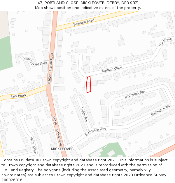 47, PORTLAND CLOSE, MICKLEOVER, DERBY, DE3 9BZ: Location map and indicative extent of plot