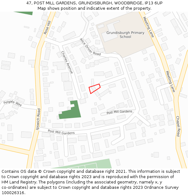47, POST MILL GARDENS, GRUNDISBURGH, WOODBRIDGE, IP13 6UP: Location map and indicative extent of plot