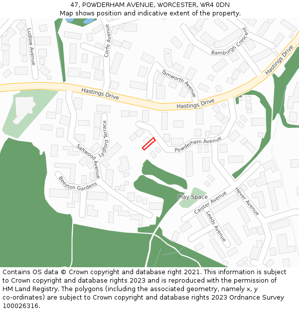 47, POWDERHAM AVENUE, WORCESTER, WR4 0DN: Location map and indicative extent of plot