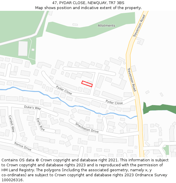47, PYDAR CLOSE, NEWQUAY, TR7 3BS: Location map and indicative extent of plot