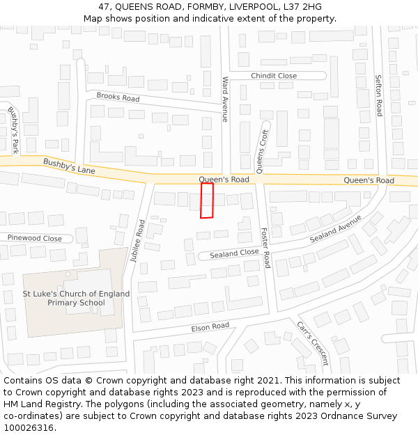 47, QUEENS ROAD, FORMBY, LIVERPOOL, L37 2HG: Location map and indicative extent of plot