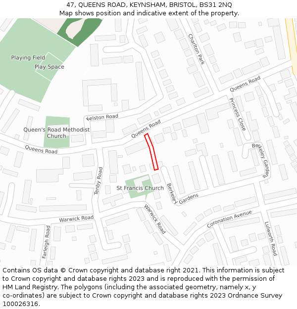 47, QUEENS ROAD, KEYNSHAM, BRISTOL, BS31 2NQ: Location map and indicative extent of plot