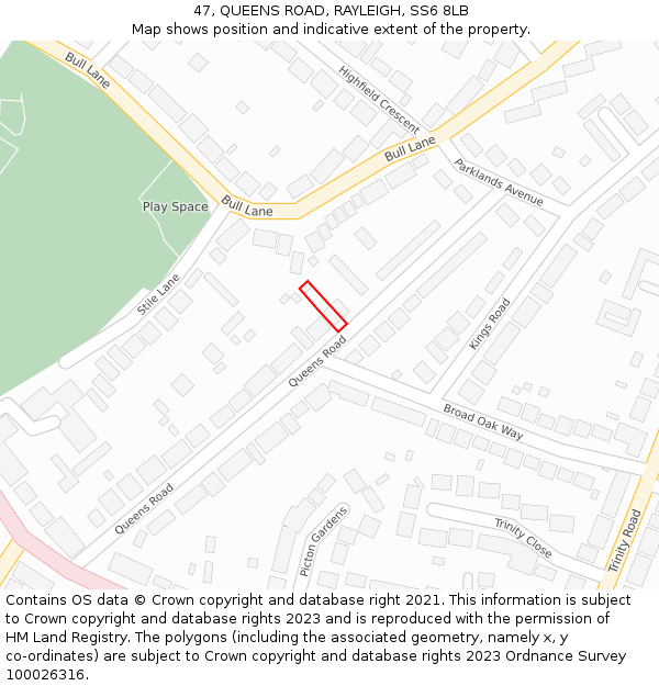 47, QUEENS ROAD, RAYLEIGH, SS6 8LB: Location map and indicative extent of plot