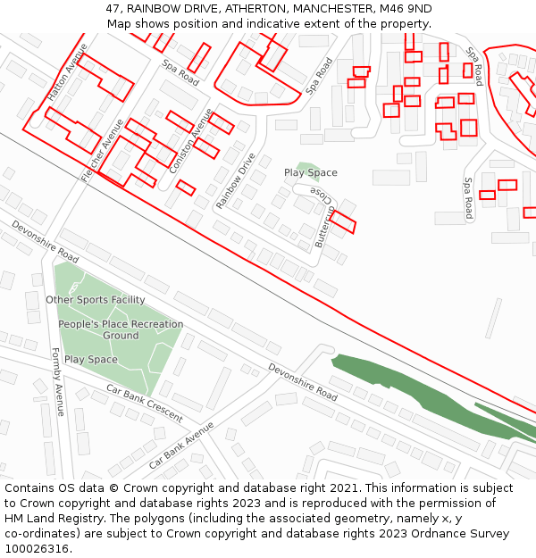 47, RAINBOW DRIVE, ATHERTON, MANCHESTER, M46 9ND: Location map and indicative extent of plot