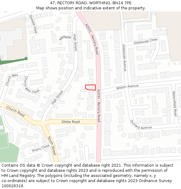 47, RECTORY ROAD, WORTHING, BN14 7PE: Location map and indicative extent of plot