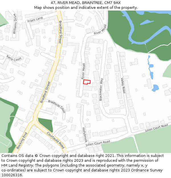 47, RIVER MEAD, BRAINTREE, CM7 9AX: Location map and indicative extent of plot