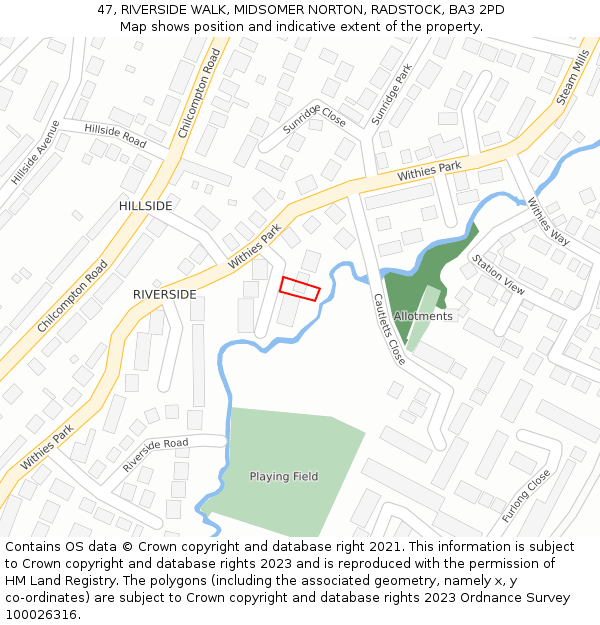 47, RIVERSIDE WALK, MIDSOMER NORTON, RADSTOCK, BA3 2PD: Location map and indicative extent of plot