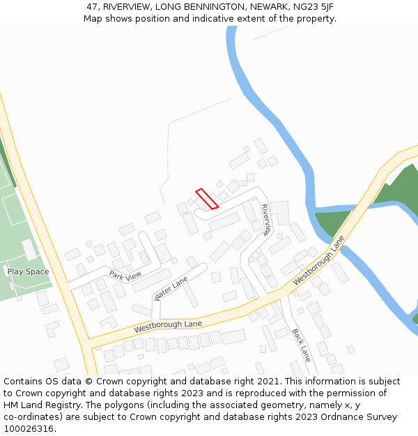 47, RIVERVIEW, LONG BENNINGTON, NEWARK, NG23 5JF: Location map and indicative extent of plot