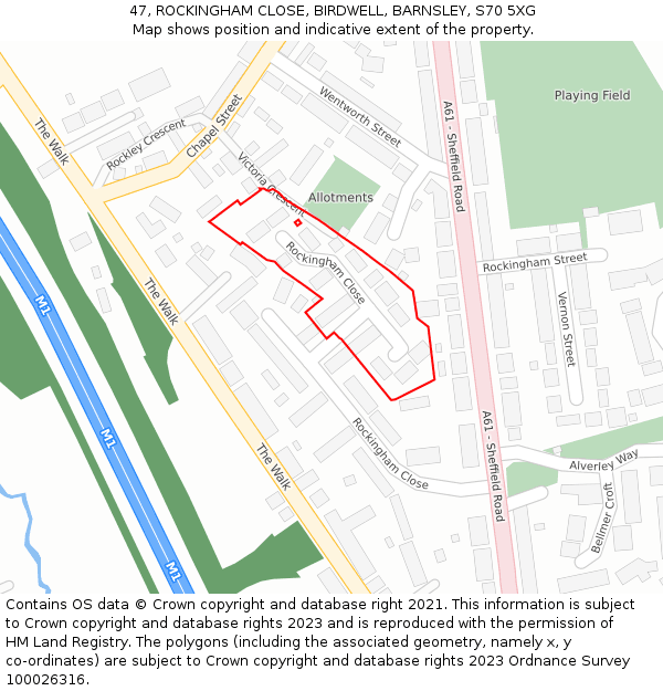 47, ROCKINGHAM CLOSE, BIRDWELL, BARNSLEY, S70 5XG: Location map and indicative extent of plot