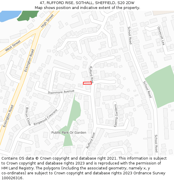 47, RUFFORD RISE, SOTHALL, SHEFFIELD, S20 2DW: Location map and indicative extent of plot
