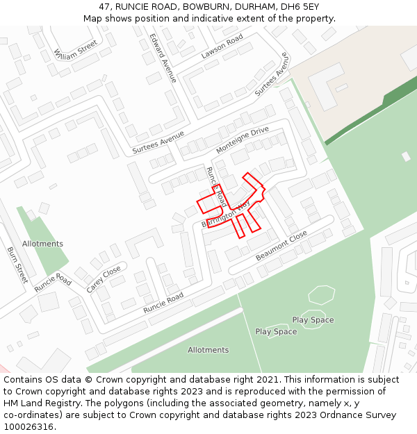 47, RUNCIE ROAD, BOWBURN, DURHAM, DH6 5EY: Location map and indicative extent of plot