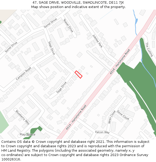 47, SAGE DRIVE, WOODVILLE, SWADLINCOTE, DE11 7JX: Location map and indicative extent of plot