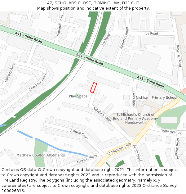47, SCHOLARS CLOSE, BIRMINGHAM, B21 0UB: Location map and indicative extent of plot