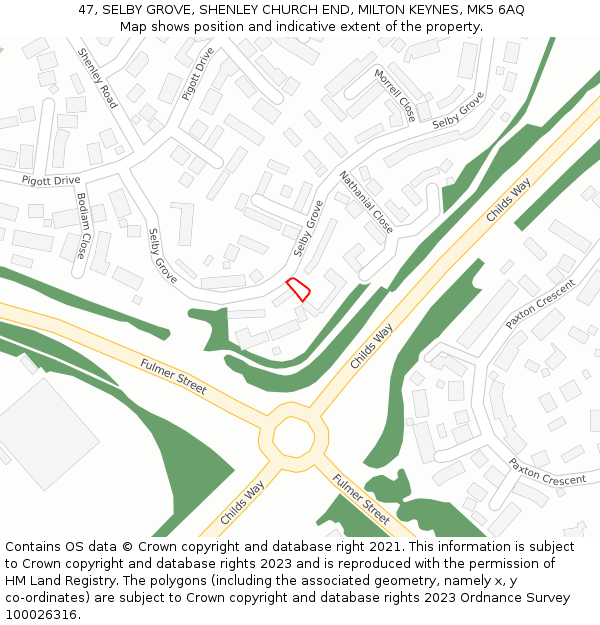 47, SELBY GROVE, SHENLEY CHURCH END, MILTON KEYNES, MK5 6AQ: Location map and indicative extent of plot
