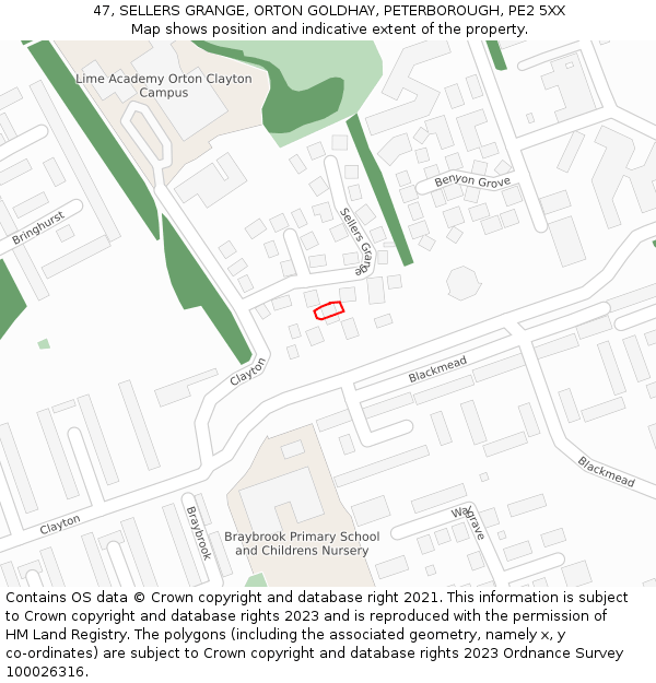 47, SELLERS GRANGE, ORTON GOLDHAY, PETERBOROUGH, PE2 5XX: Location map and indicative extent of plot
