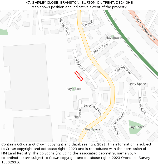 47, SHIPLEY CLOSE, BRANSTON, BURTON-ON-TRENT, DE14 3HB: Location map and indicative extent of plot