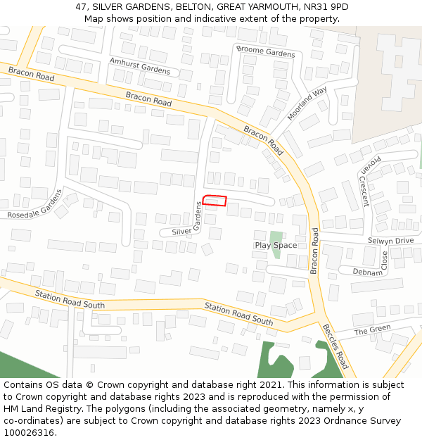 47, SILVER GARDENS, BELTON, GREAT YARMOUTH, NR31 9PD: Location map and indicative extent of plot