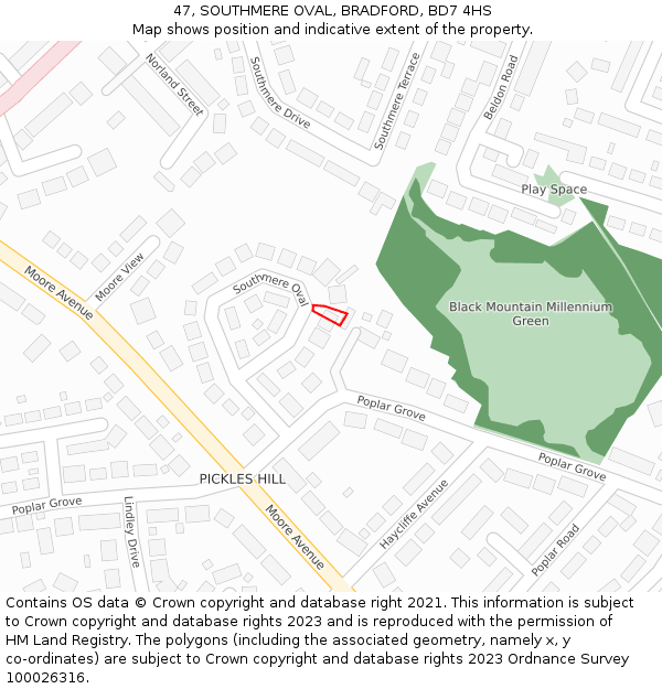 47, SOUTHMERE OVAL, BRADFORD, BD7 4HS: Location map and indicative extent of plot