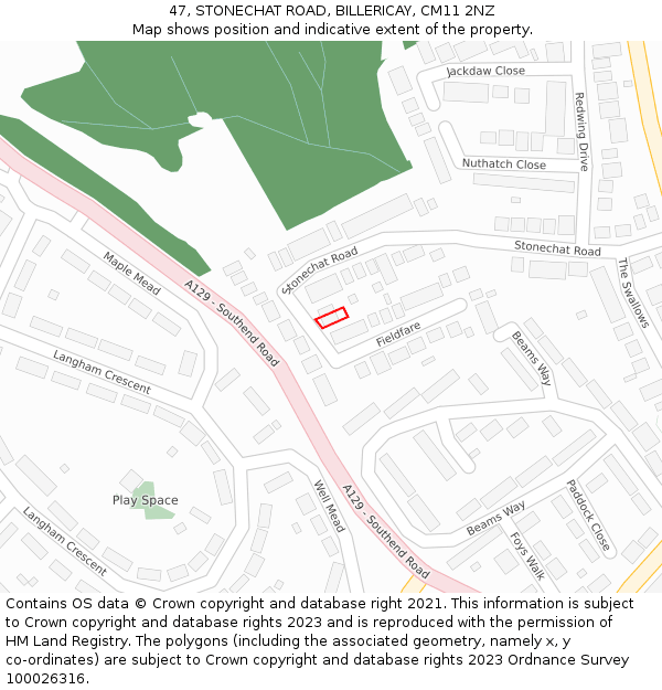 47, STONECHAT ROAD, BILLERICAY, CM11 2NZ: Location map and indicative extent of plot