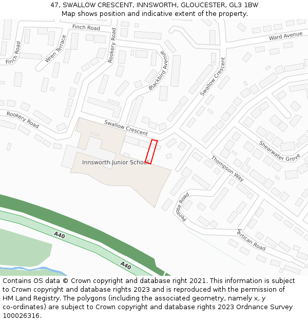 47, SWALLOW CRESCENT, INNSWORTH, GLOUCESTER, GL3 1BW: Location map and indicative extent of plot