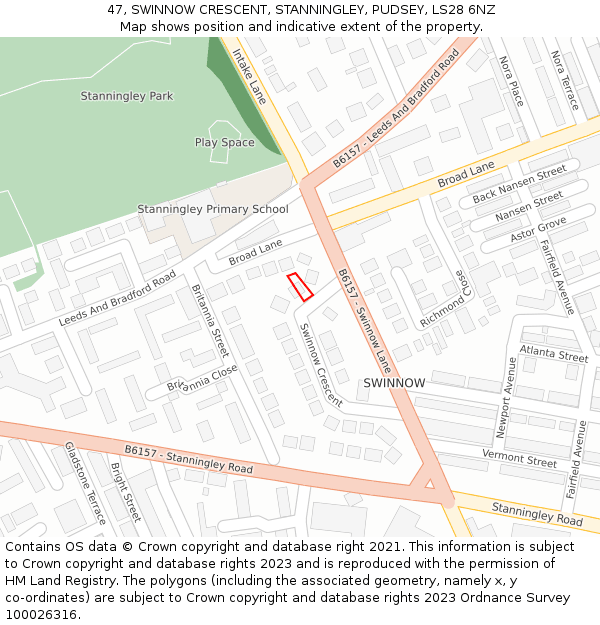 47, SWINNOW CRESCENT, STANNINGLEY, PUDSEY, LS28 6NZ: Location map and indicative extent of plot