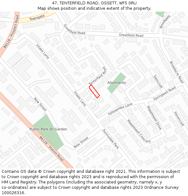 47, TENTERFIELD ROAD, OSSETT, WF5 0RU: Location map and indicative extent of plot