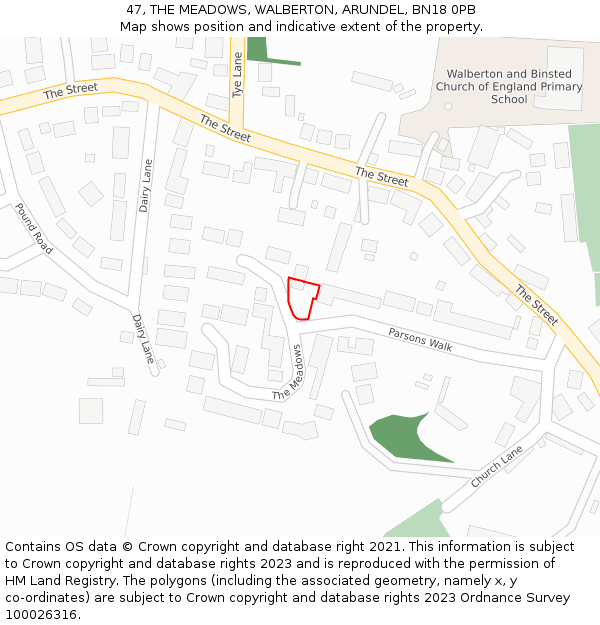 47, THE MEADOWS, WALBERTON, ARUNDEL, BN18 0PB: Location map and indicative extent of plot