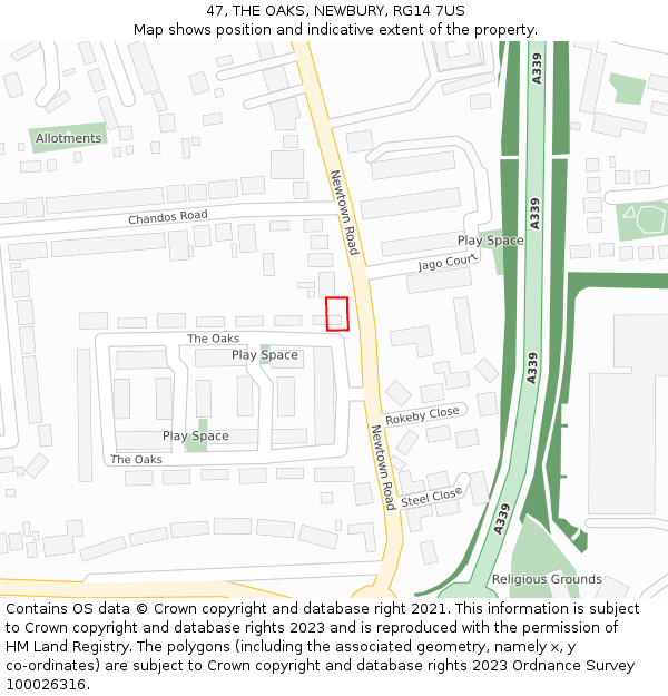 47, THE OAKS, NEWBURY, RG14 7US: Location map and indicative extent of plot