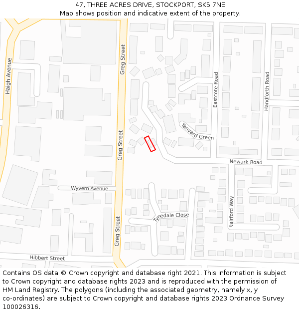 47, THREE ACRES DRIVE, STOCKPORT, SK5 7NE: Location map and indicative extent of plot