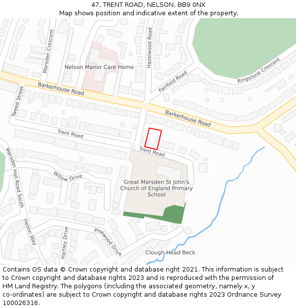 47, TRENT ROAD, NELSON, BB9 0NX: Location map and indicative extent of plot