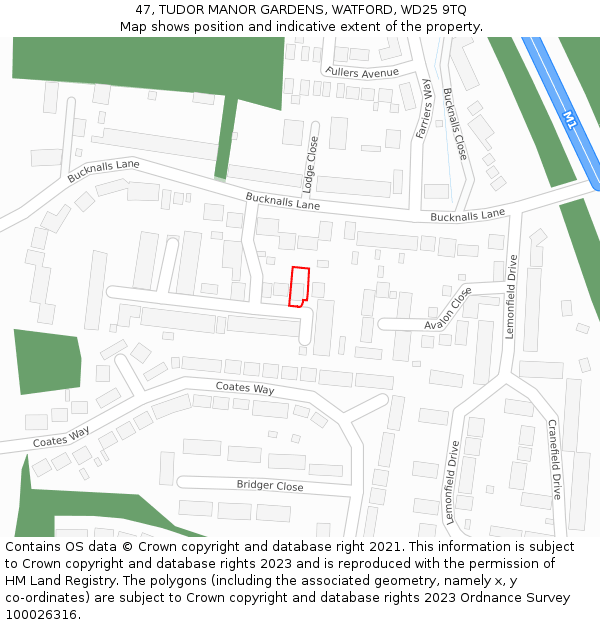 47, TUDOR MANOR GARDENS, WATFORD, WD25 9TQ: Location map and indicative extent of plot