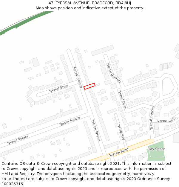 47, TYERSAL AVENUE, BRADFORD, BD4 8HJ: Location map and indicative extent of plot