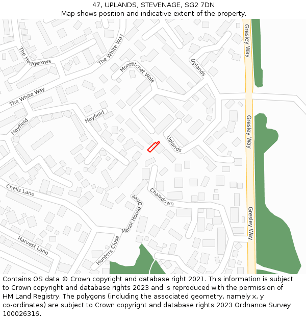 47, UPLANDS, STEVENAGE, SG2 7DN: Location map and indicative extent of plot