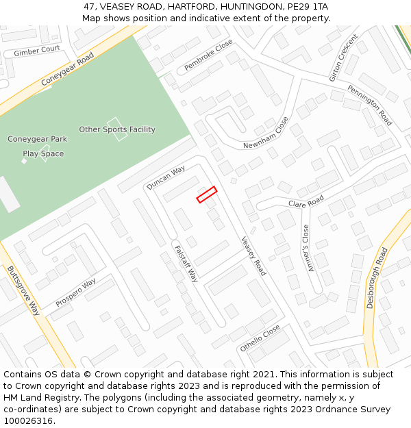 47, VEASEY ROAD, HARTFORD, HUNTINGDON, PE29 1TA: Location map and indicative extent of plot