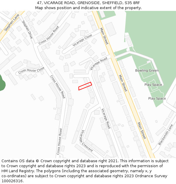 47, VICARAGE ROAD, GRENOSIDE, SHEFFIELD, S35 8RF: Location map and indicative extent of plot