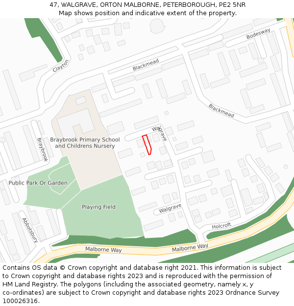 47, WALGRAVE, ORTON MALBORNE, PETERBOROUGH, PE2 5NR: Location map and indicative extent of plot