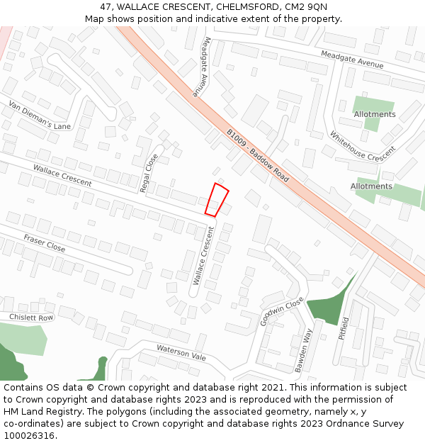 47, WALLACE CRESCENT, CHELMSFORD, CM2 9QN: Location map and indicative extent of plot