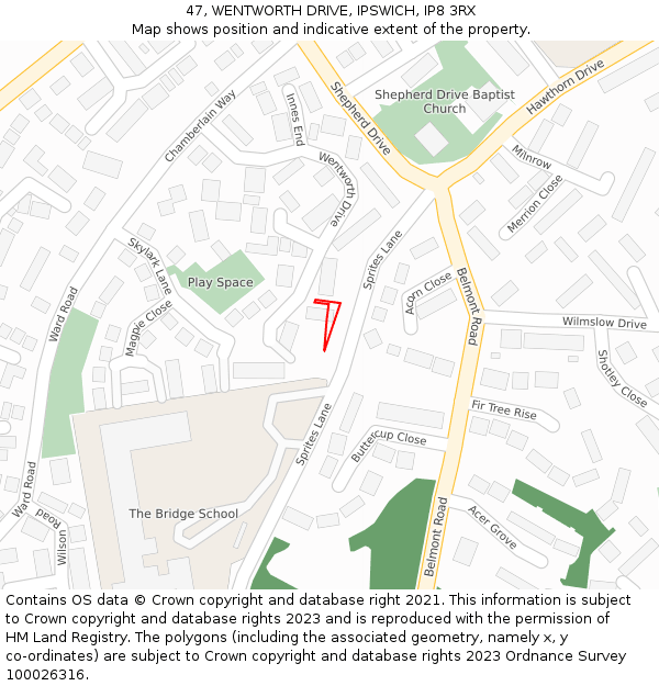 47, WENTWORTH DRIVE, IPSWICH, IP8 3RX: Location map and indicative extent of plot
