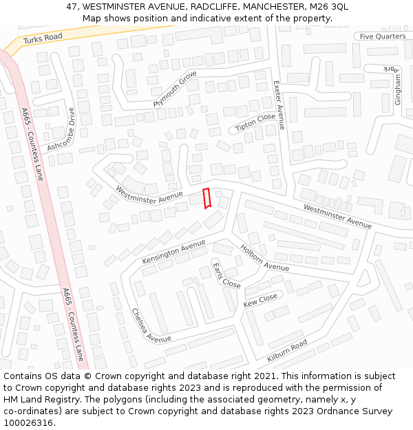 47, WESTMINSTER AVENUE, RADCLIFFE, MANCHESTER, M26 3QL: Location map and indicative extent of plot