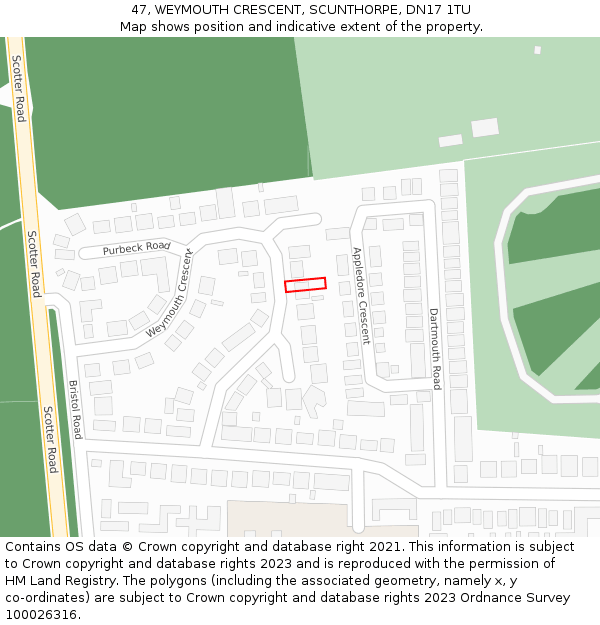 47, WEYMOUTH CRESCENT, SCUNTHORPE, DN17 1TU: Location map and indicative extent of plot