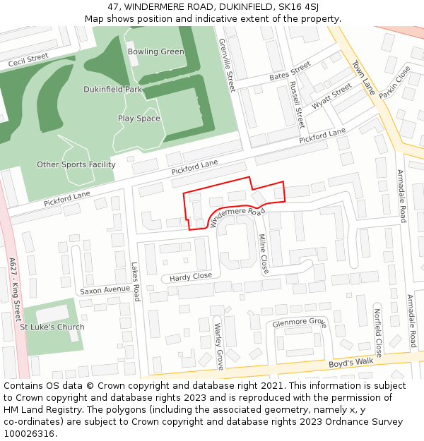 47, WINDERMERE ROAD, DUKINFIELD, SK16 4SJ: Location map and indicative extent of plot