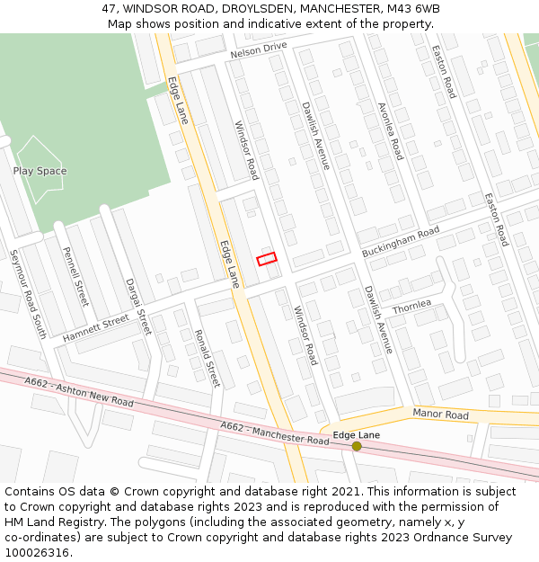 47, WINDSOR ROAD, DROYLSDEN, MANCHESTER, M43 6WB: Location map and indicative extent of plot